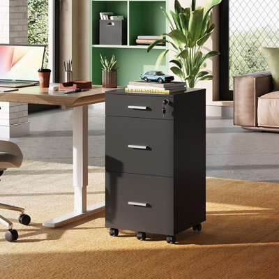 3 Drawer Rolling File Cabinet With Lock, Wood Filing Cabinet Fits Letter / A4 Size by Loon Peak