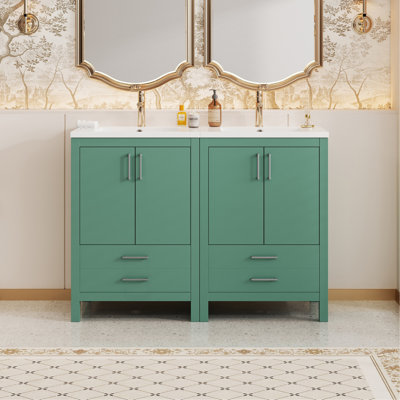 Ensemble de meuble-lavabo 48 po avec lavabo en céramique, meuble Storae autoportant moderne avec poignées argentées, portes à fermeture douce