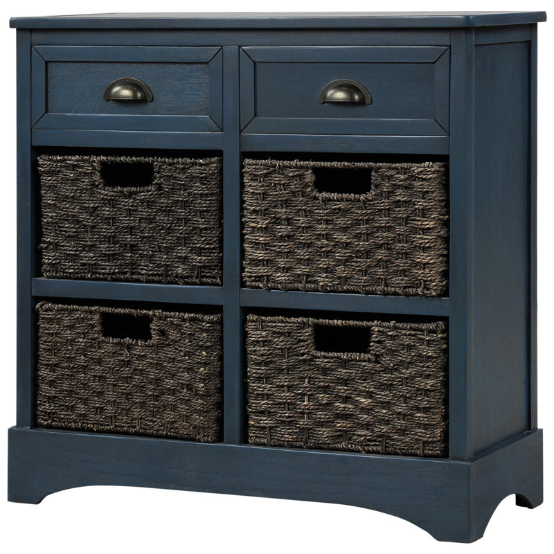 Rustic Storage Cabinet with Two Drawers and Four Classic Rattan Basket Accent Cabinet, Antique Navy