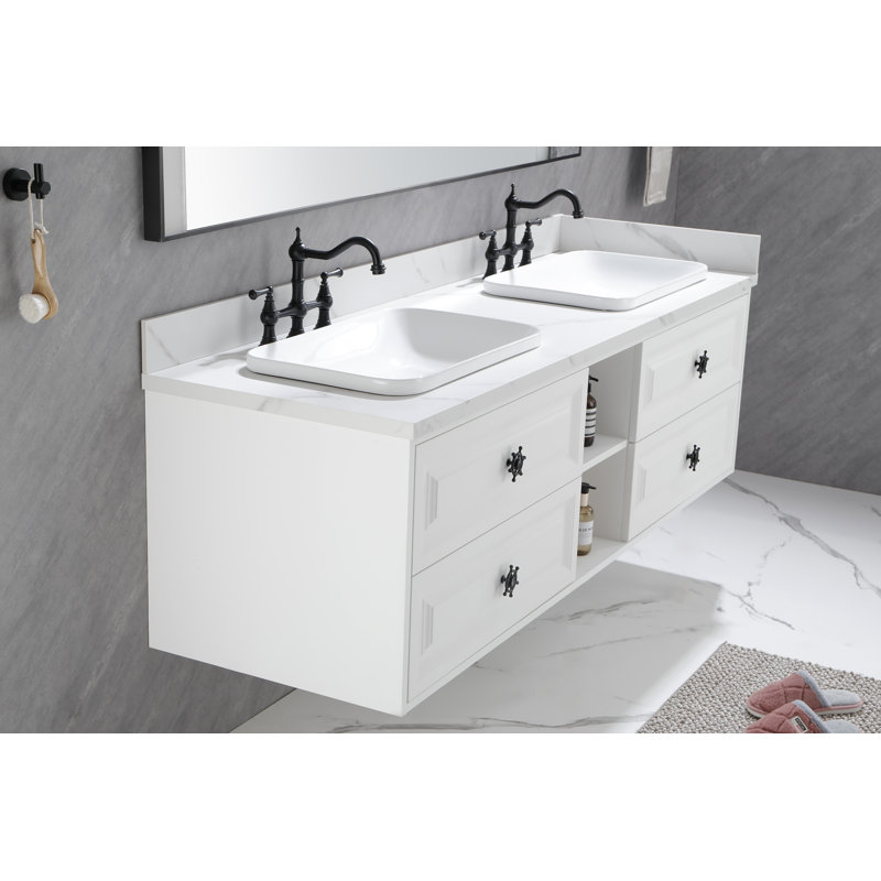 Meuble-lavabo mural blanc de 84 pouces avec cadre en acier pour lavabo double