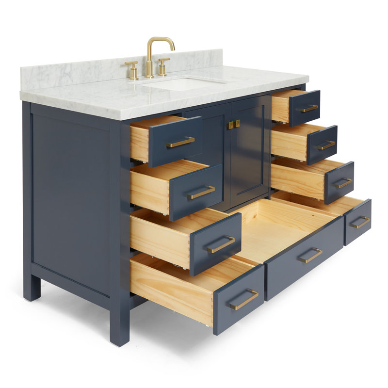 Cambridge 55'' Single Bathroom Vanity with Top, Midnight Blue / Satin Brass, Rectangular