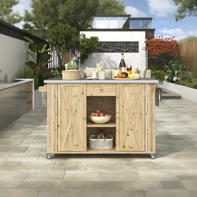 Solid Fir Wood Outdoor Prep Cart with Foldable Stainless Steel Top & Lockable Wheels