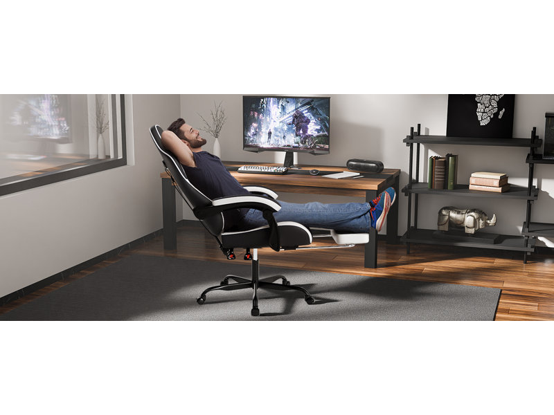 Chaise de jeu ergonomique à dossier haut avec repose-pieds et soutien lombaire, noire et blanche, Black and White