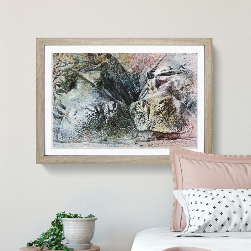 Pair of Sleeping Hippos in Abstract - Picture Frame Graphic Art Print, Oak Framed, 27cm H x 36cm W x 2cm D