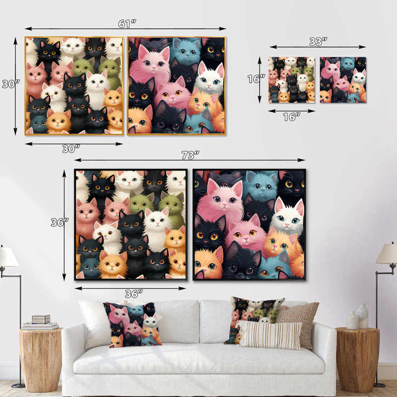 Motif de chat rose et noir pour chambre de bébé, H 16 po x l 33 po, Cadre flottant noir
