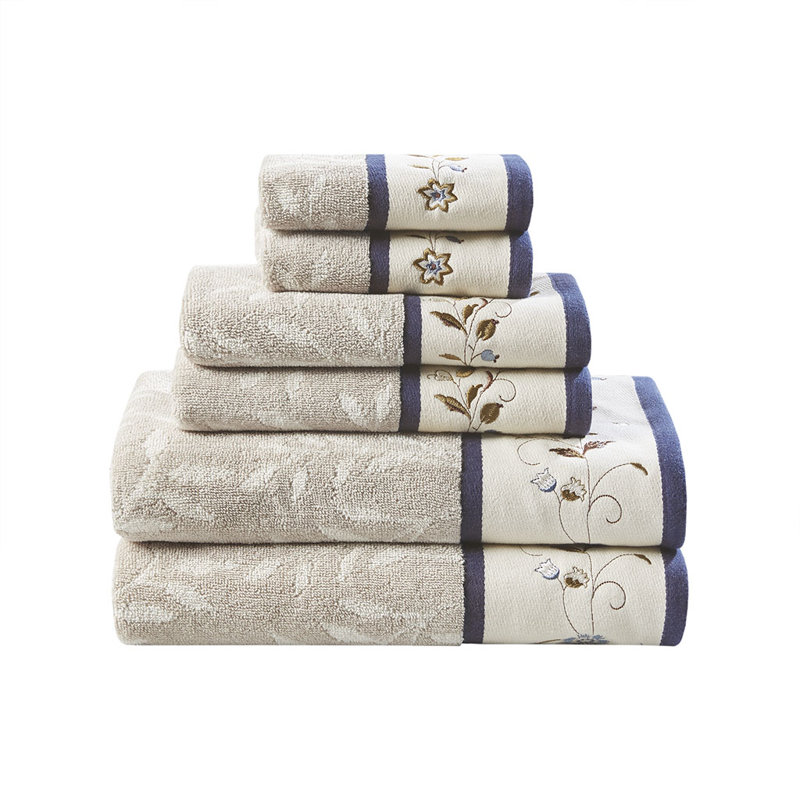 Ensemble 6 serviettes de bain en jacquard de coton brodé, Marine