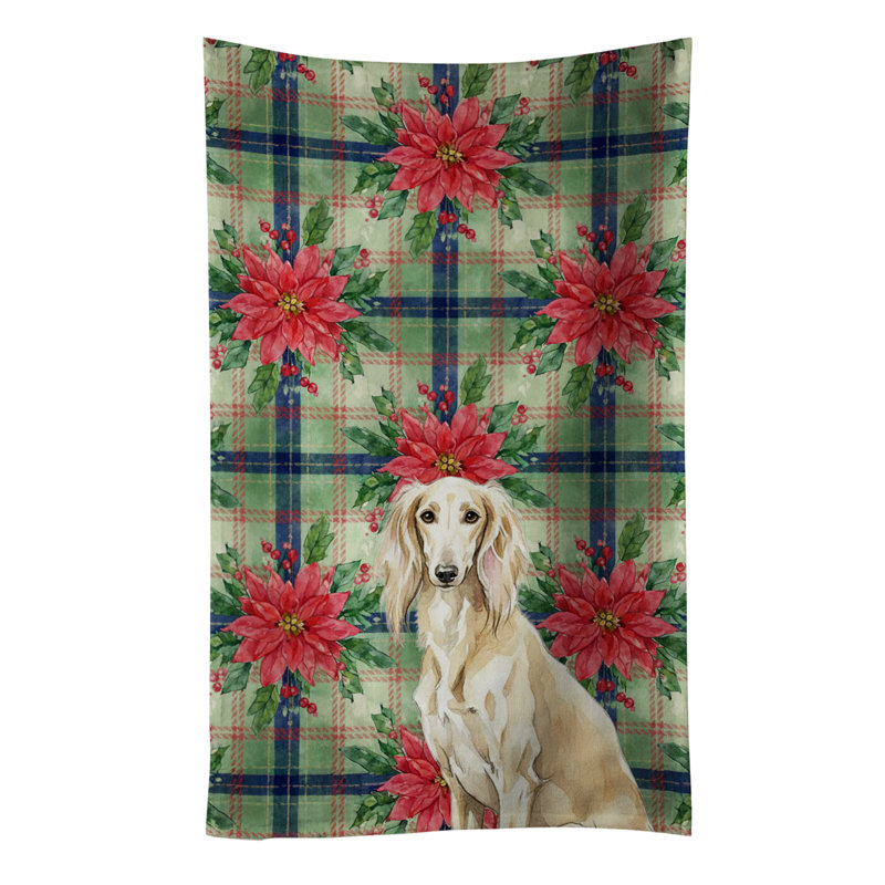 Cream Saluki Christmas PoinsettIas Kitchen Towel, Cream Saluki