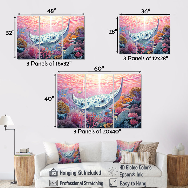 Ensemble d'art mural sur toile Manta Rays Drifters Landscape II - Coastal Coral Under Water, H 40 po x l 60 po