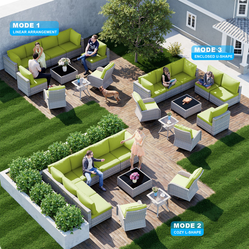 10-Piece Patio Furniture Set, Outdoor Patio Furniture with Swivel Chairs Set, Thick Cushions, Modular Patio Sofa, Dual-Strand Wicker Rattan, Rust-Resistant Frame,