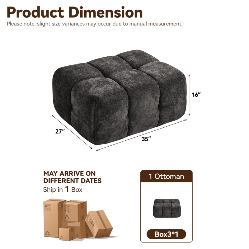 Upholstered Square Ottoman For Couch, Dark Gray