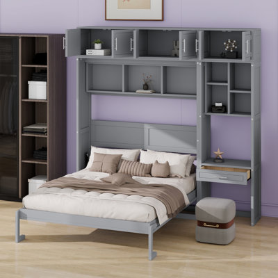 Lit escamotable avec bureau intégré, armoire supérieure et tablettes, conception pliable