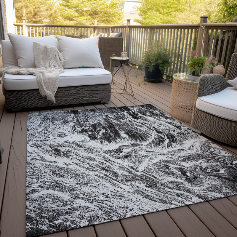 Black Abstract Synthetic Rectangular Washable Rug 3' x 5'