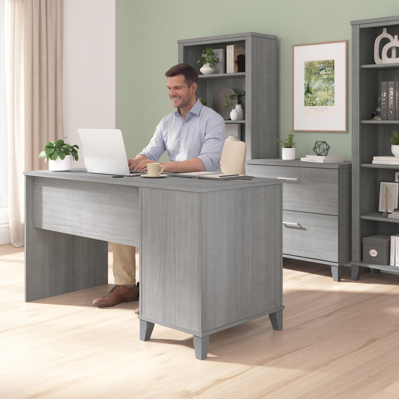 Orkurga 54” Office Desk with Drawer, Cabinet, Computer Office Desk with Storage, Modern Wood, Platinum Gray, Platinum Gray