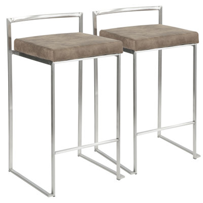 Ensemble de 2 tabourets de comptoir empilables contemporains en acier inoxydable avec coussin en tissu brun | Idée de cadeau