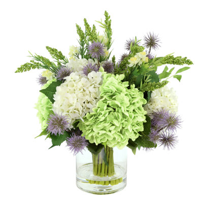 Hydrangea, Thistle and Rose Arranged in Glass Vase