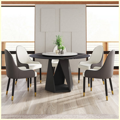 Table de salle à manger 53 po ronde en marbre avec base en fer noir, table de salle à manger 6 places avec plateau tournant en pierre artificielle blanche 23,62 po