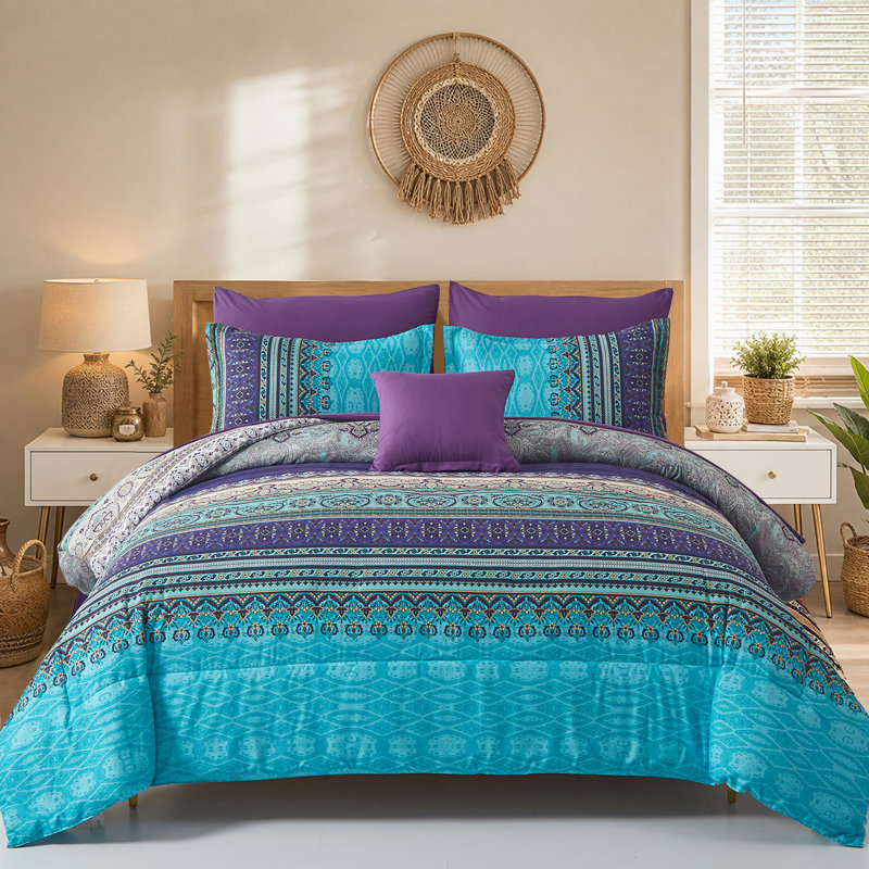 Ensemble de courtepointe 8 pièces Bohemian, Turquoise, Édredon grand + 7 articles supplémentaires