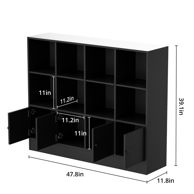 Bookshelf, Wood Bookcase With 3 Tier Shelves, 12 Cube Storage Organizer With Doors For Bedroom, Living Room, 47.8" W X 39.1" H