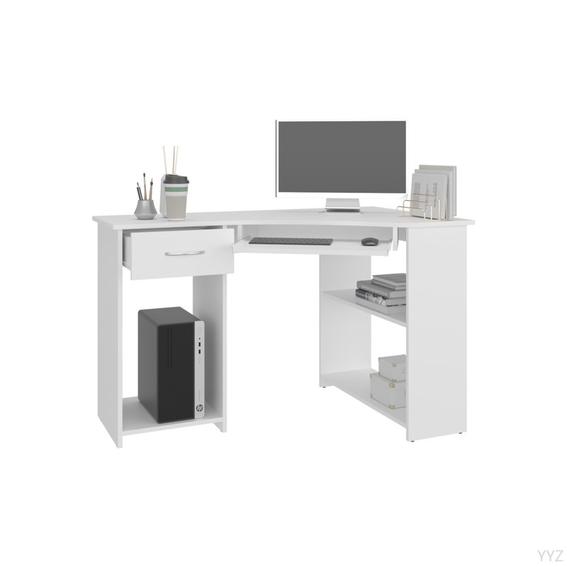 Corner Desk, Space-Saving L-Shaped Design With Two Side Shelves, White, White