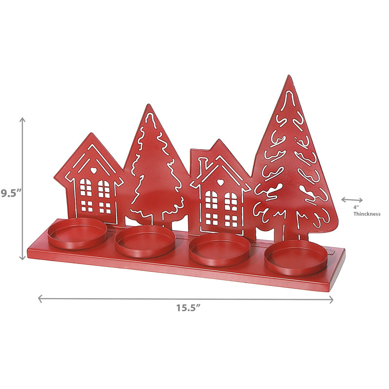 Metal Tree & House With 4 Tealight Holder, Red
