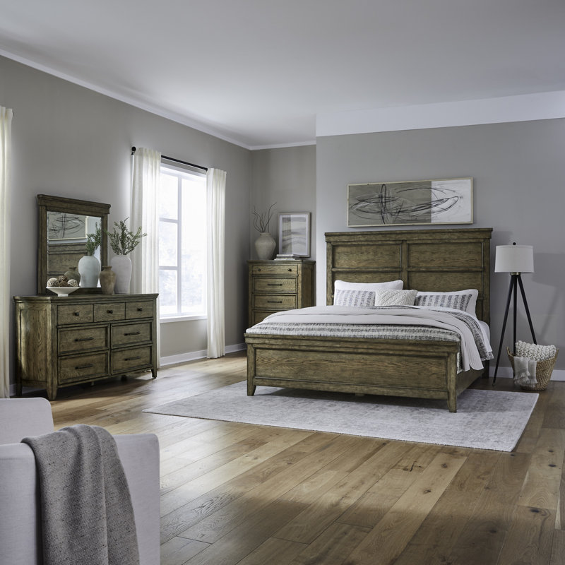 Ensemble de grand lit à panneaux, commode et miroir, ensemble de chambre à coucher Gertraute, Grand