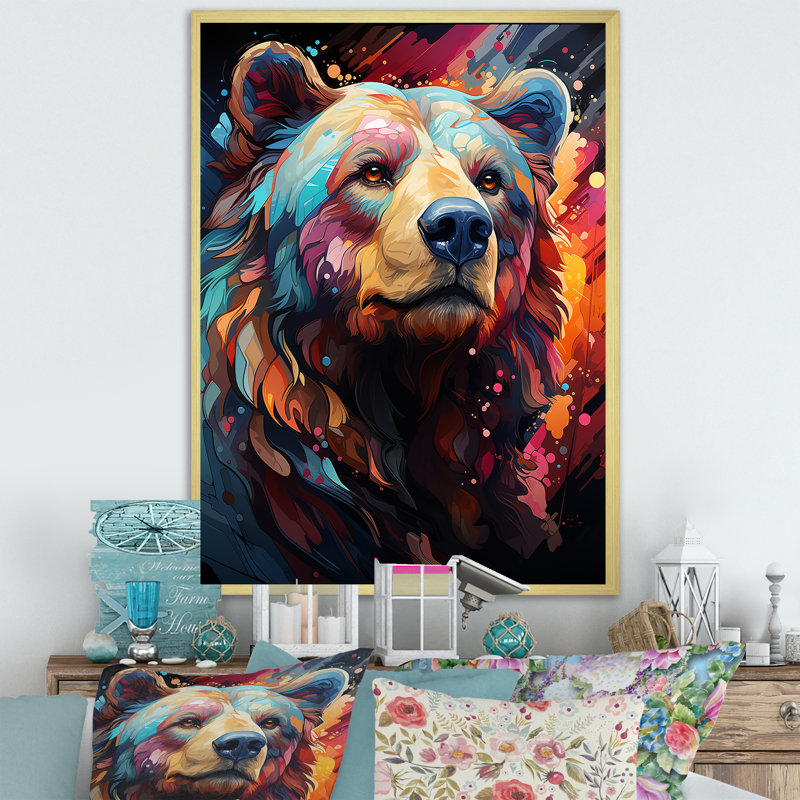 «Pop Art Grizzly Bear popularité I» sur toile, Encadrement doré, H 20 po x l 12 po x P 1 po