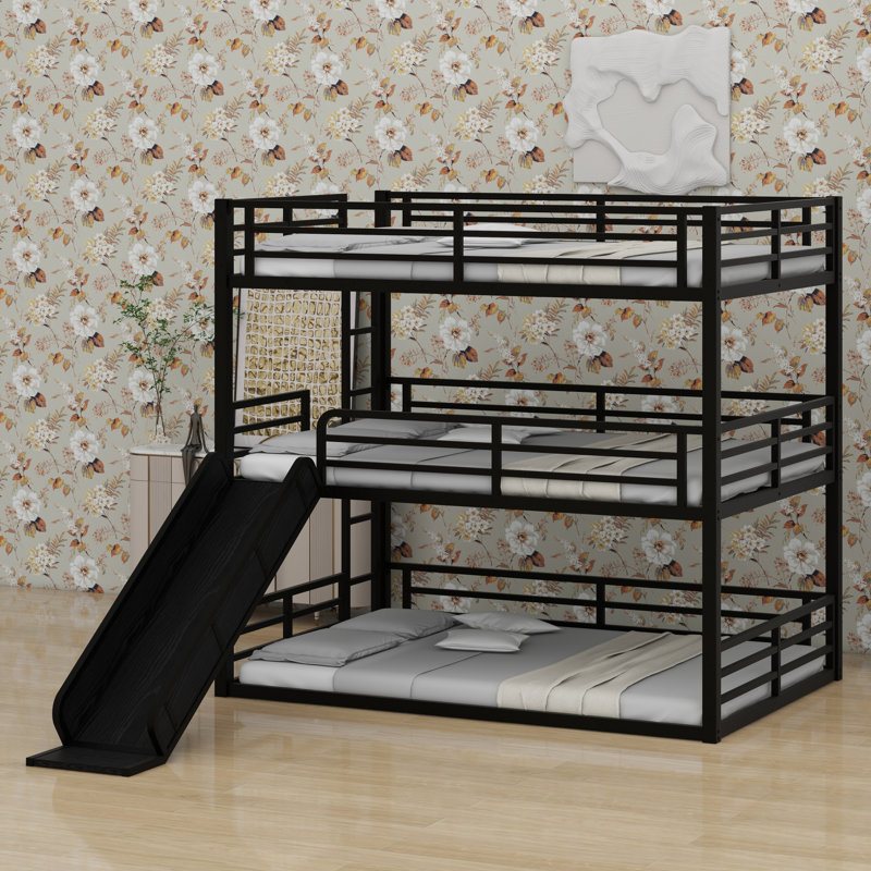 Metal Triple Bunk Bed With Safety Guardrails,Slide And Noise-Reduced Design, Full