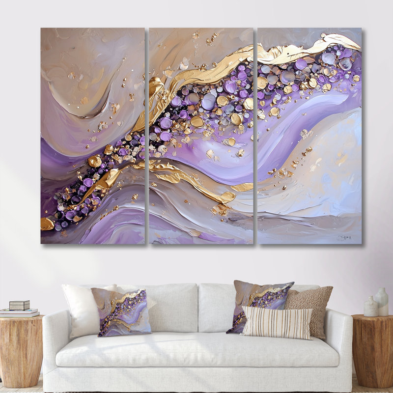 Or et mauve Geode Stones River II, H 32 po x l 48 po, Toile tendue, Ne s’applique pas