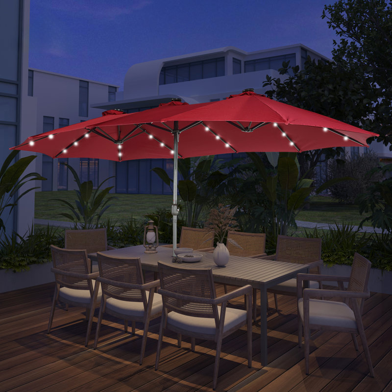 Parasol de marché extérieur à double face avec base 36 lumières à DEL avec couvercle Kirkbride 181 po x 106 po, Rouge