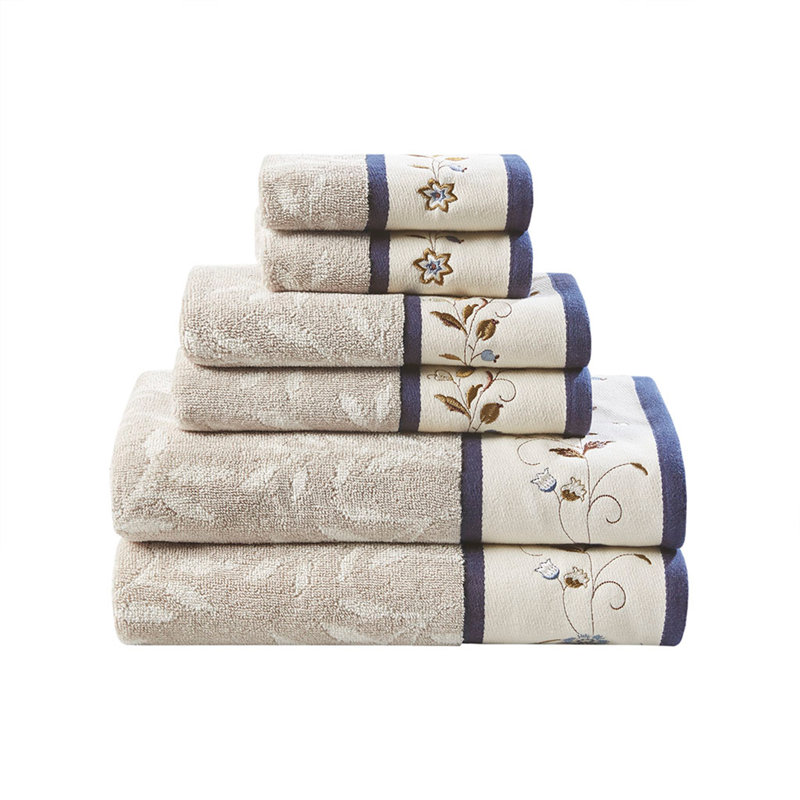 Ensemble 6 serviettes de bain en jacquard de coton brodé, Marine