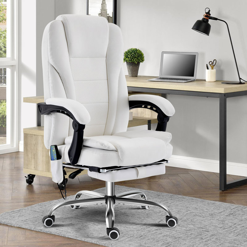 Reclining Massage Office Chair with Footrest, High Back Ergonomic Executive Chair with Heating and Vibration Function, White