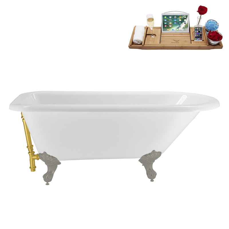 62" Streamline Clawfoot Tub,Tray,Drain, Clawfeet, Brushed Gun Metal, Polished Gold