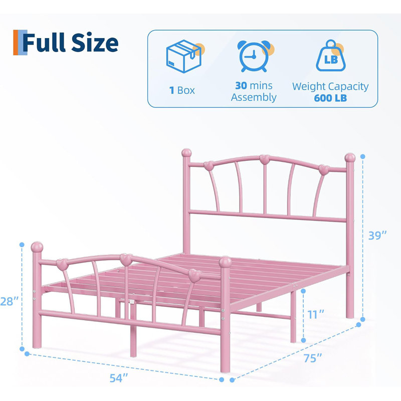 Cadre de lit plateforme en métal King, cadre en fer extra-plat de 15 cm, blanc, Double, Rose