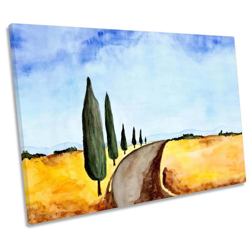 Landscape Trees Road Watercolour Framed - Wrapped Canvas Print, 91.4cm H x 137.2cm W x 4cm D