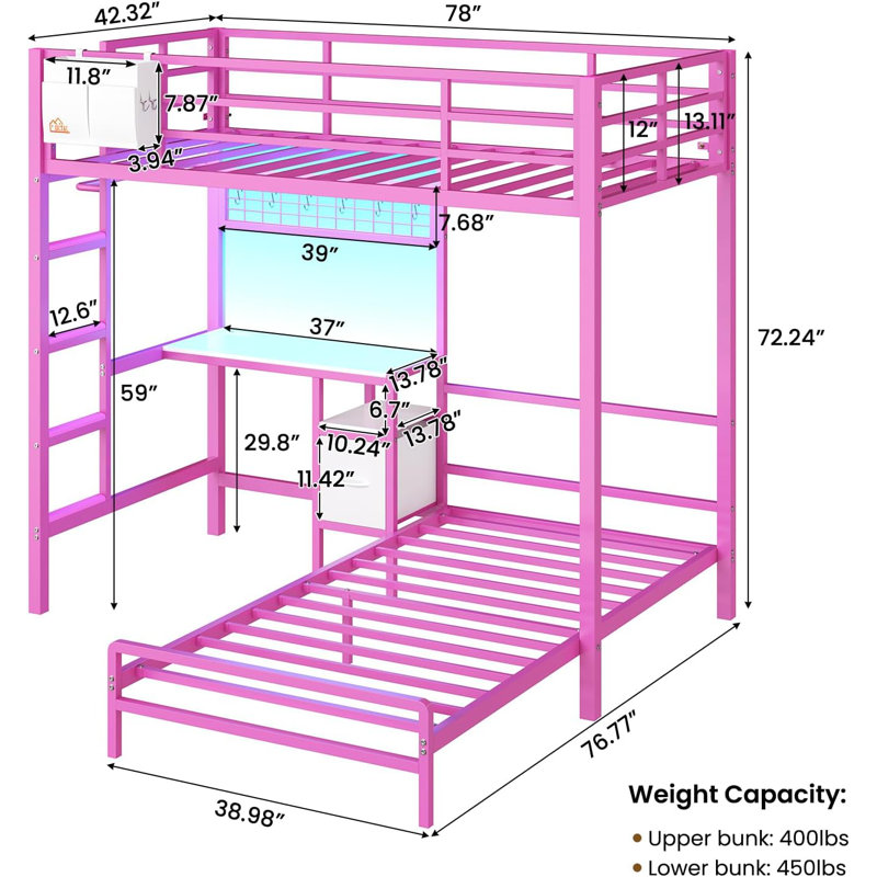 Twin Over Twin Bunk Bed With Desk And Charging Station, Metal Loft Bed, Twin Bed With Led Lights And Storage Shelves And Drawers, L-shaped Bunk Bed