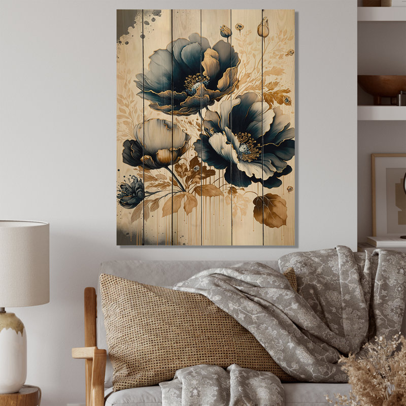 Fleurs de pavot bleu marine et or Advithi II - impression sur bois sans cadre, H 20 po x l 12 po x P 1 po