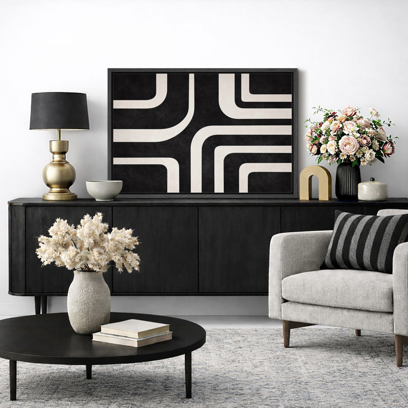 Abstrait noir et blanc, motif de courbes géométriques rétro, images de salon moderne, impression sur toile encadrée