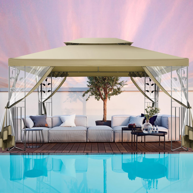 13 Ft. W x 10 Ft. D Metal Outdoor Gazebo with Mosquito Nettings, Patio Gazebos Canopy, Khaki