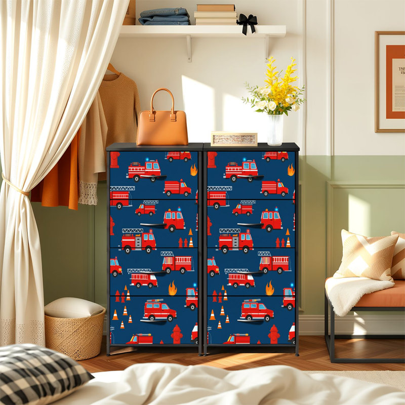 Commode pour chambre à coucher avec 4 tiroirs de rangement Camions de pompiers bleu foncé sans soudure