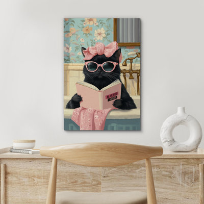 Bathroom Reading Cat Wall Decor, Modern Pink Green Bathroom Pictures, Giclee Canvas Digital Print Wall Art