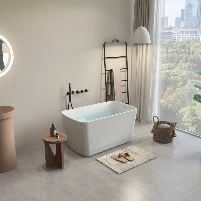 49'' Acrylic Freestanding Soaking Tub, Japanese Style, Overflow, Glossy Finish, Seated Design For Recovery Pop - Up Drain, Relaxation