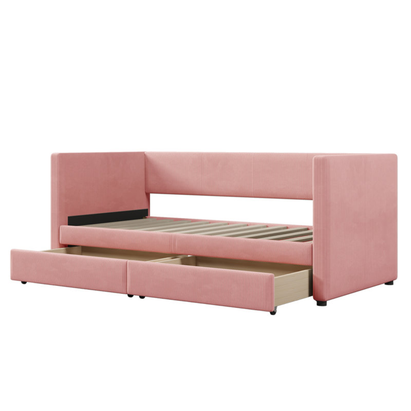 Versatile Corduroy Daybed With Drawers And Sturdy Wood Slat Construction, Pink