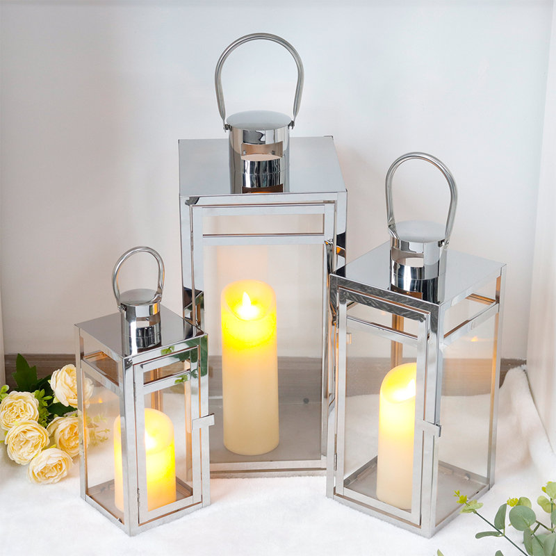 Stainless Steel Candle Lantern Set - Assorted Sizes (12/15/19 Inch), Stainless Steel, 3