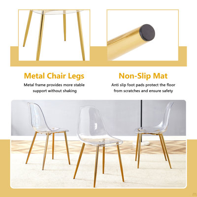Ensemble de table et de chaises Table de salle à manger ovale en verre trempé de 71 pouces de style luxueux à double colonne dorée. Jumelé avec 6 chaises en plastique transparent avec des pieds en métal doré.