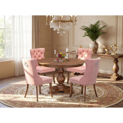 5-Pc Kitchen Dining Table Set Contain a Wood Table and 4 Beige Red Polyester fabric Parsons Chairs with Button-Tufted Back, Antique Walnut