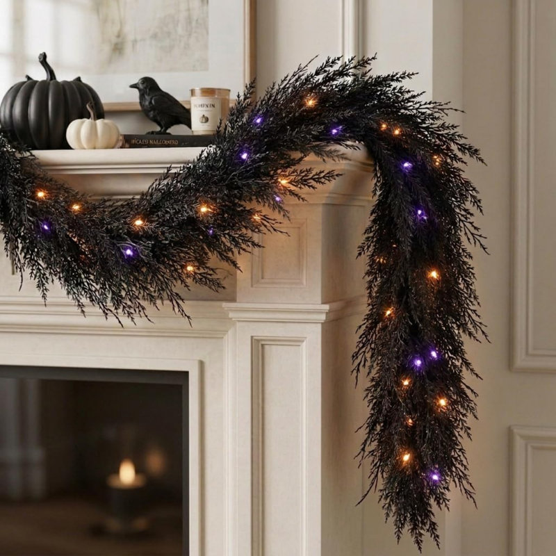 6ft/183cm Realistic Halloween Garland with Lights | Pre Lit Norfolk Pine Garland with 30 LED Lights, Halloween Faux Cedar Garland Real Touch Decorations for Halloween