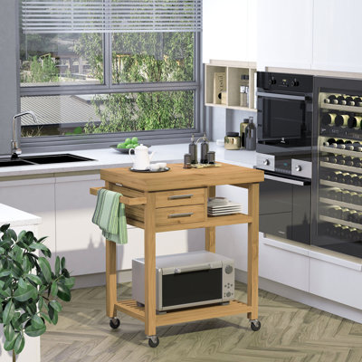Îlot de cuisine en bambou sur roulettes, chariot utilitaire avec 2 tiroirs de rangement et tablettes ouvertes