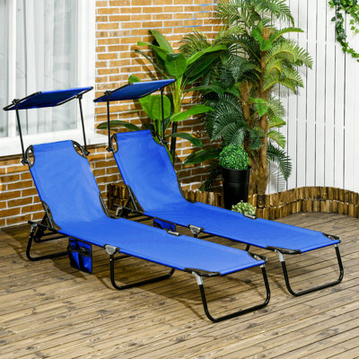 Yard Beach Patio Chairs - Folding, Blue With Reclining Function And Side Pocket Foldable Sunshade For Lawn