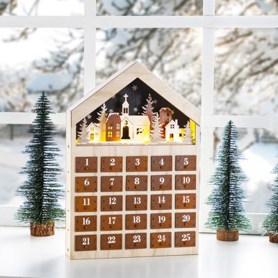 15.75"H Christmas Lighted Wooden Village Advent Calendar Décor