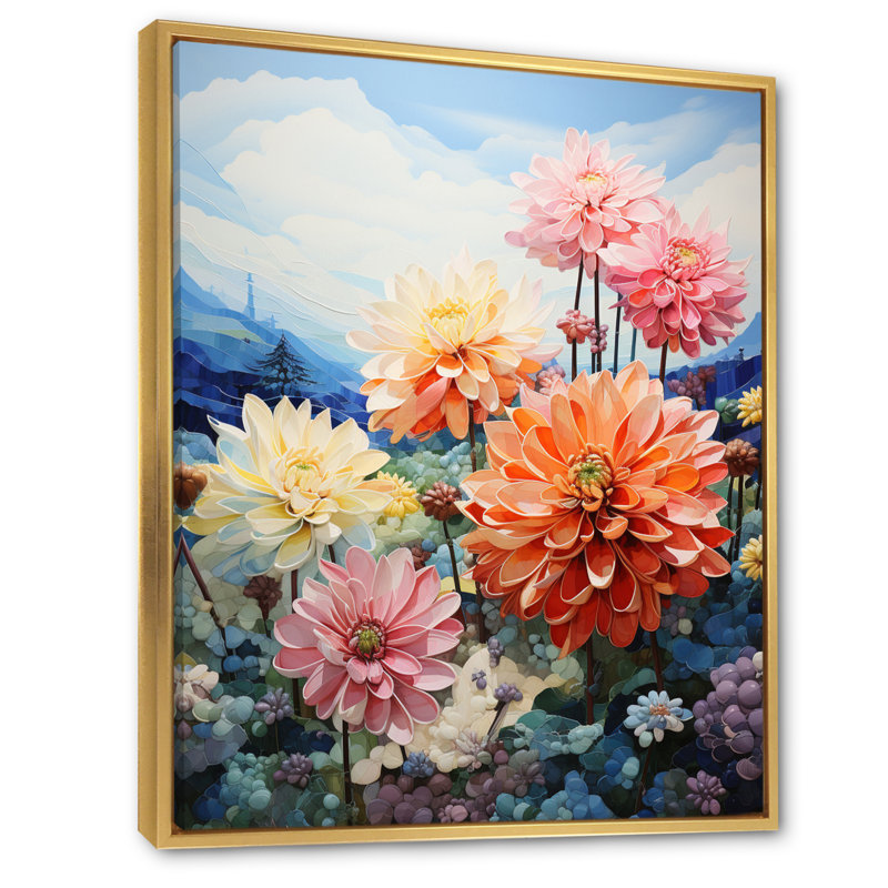 Zabdi Dahlia Field Pointillism Dot - imprimé, H 32 po x l 24 po x P 1 po, Cadre flottant doré